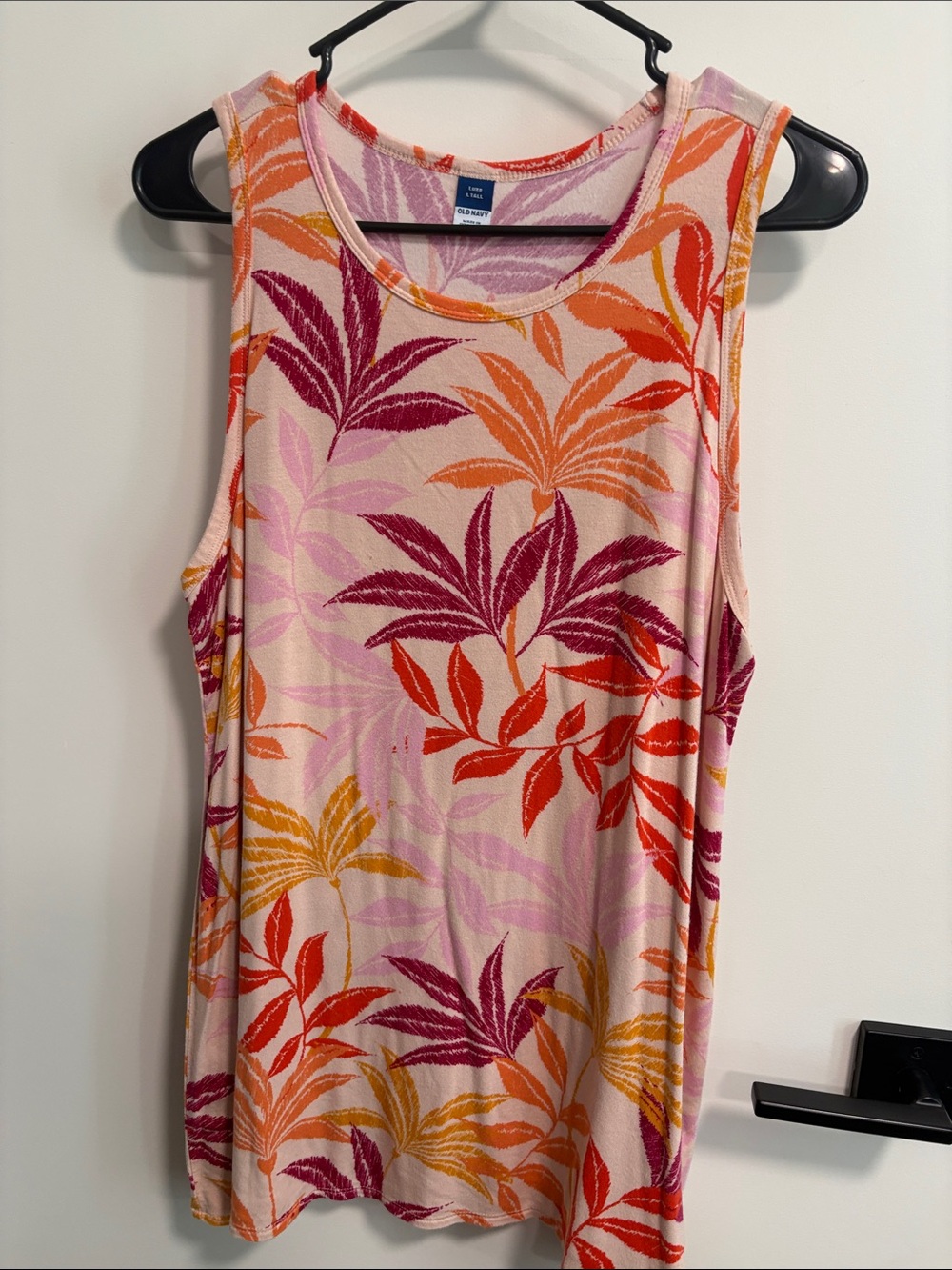 Old Navy Pink Tank Top with Red, Orange and Purple Leaf Motif